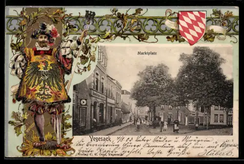 Passepartout-Lithographie Vegesack, Marktplatz, Panorama mit Geschäften, Zeremonienmeister, Wappen
