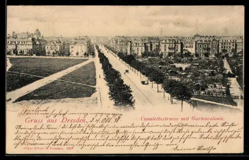 AK Dresden, Canalettostrasse mit Gartenkolonie aus der Vogelschau