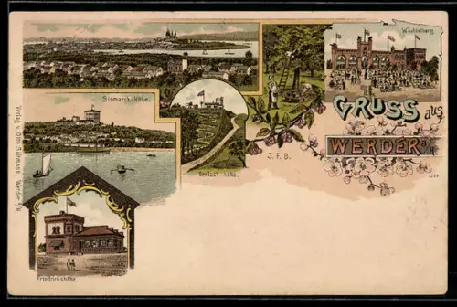 Lithographie Werder a. H., Gasthaus Friedrichshöhe, Bismarck-Höhe, Wachtelburg