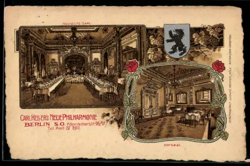Künstler-AK Berlin, Gasthaus C. Hellers Neue Philharmonie, Köpenickerstrasse 96/97, Hochzeits-Saal, Wappen