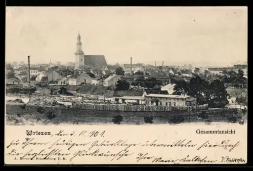AK Wriezen, Gesamtansicht, mit Gewerbeanlagen, Kirche