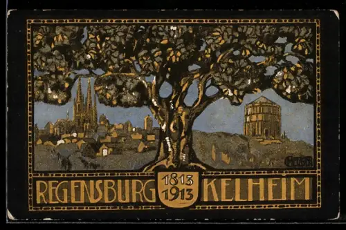 Künstler-AK Kelheim, Befreiungshalle, Stadtansicht Regensburg, Jahrhundertfeier 1913, Festpostkarte