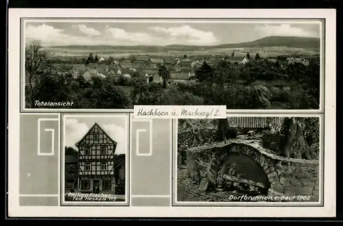 AK Hachborn ü. Marburg, Geschäftshaus Philipp Fischer, Dorfbrunnen, Totalansicht
