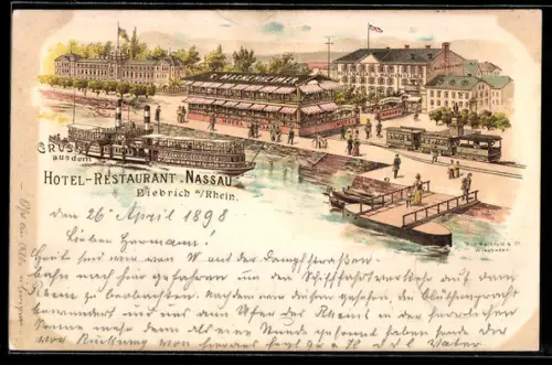 Lithographie Biebrich / Rhein, Hotel-Restaurant Nassau