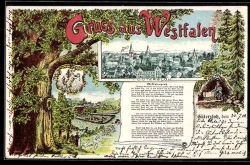 Lithographie Gütersloh, Ortsansicht, Westfalengruss, Landpartie mit Eiche, Wappen, Bergmann