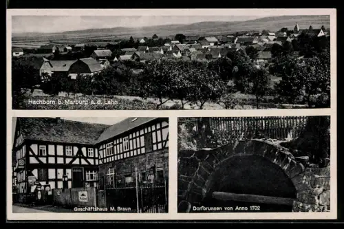 AK Hachborn /Marburg, Geschäftshaus M. Braun, Dorfbrunnen, Gesamtansicht