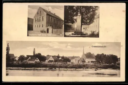AK Schwarzenau, Gasthaus G. A. Sass, Kriegerdenkmal, Gesamtansicht vom Wasser aus