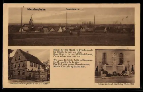 AK Kleinlangheim, Gemischtwaren J. C. Weber, Kriegerdenkmal 1914-1918, Gesamtansicht