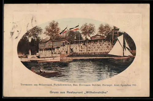 AK Pichelswerder /Spandau, Restaurant Wilhelmshöhe am Stössensee H. Brüder, vom Wasser gesehen