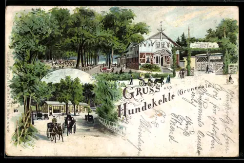 Lithographie Berlin-Grunewald, Restaurant Hundekehle, Pferdekutschen
