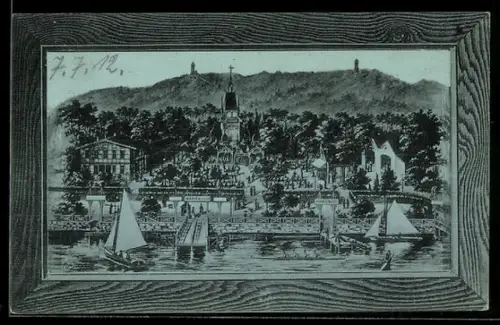 Künstler-AK Berlin-Köpenick, Gasthaus Marienlust Rich. Streichhan, Ansicht vom Wasser, Rahmen