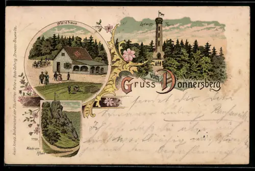 Lithographie Dannenfels, Gasthaus Waldhaus auf dem Donnersberg, Ludwigs-Turm