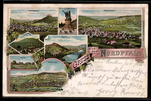 Lithographie Rockenhausen, Totalansicht, Hutten-Sickingen-Denkmal