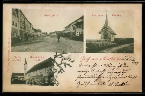AK Hartkirchen, Brauhaus u. Post mit Kirche, Lourdes-Kapelle, Marktplatz