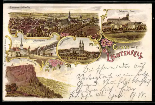 Lithographie Lichtenfels / Main, Schloss Banz, Vierzehnheiligen, Staffelberg