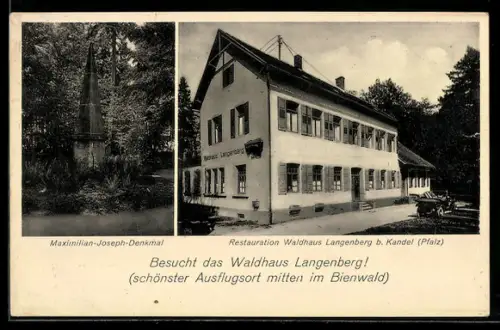 AK Langenberg /Kandel, Bienwald, Gasthof Waldhaus Kangenberg, Max.-Joseph-Denkmal