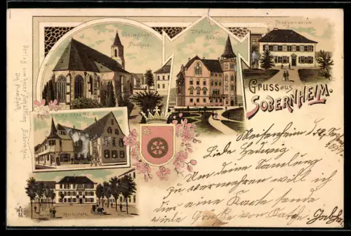 Lithographie Sobernheim, 1. Fuchs`sches Haus, Diakonissenhaus, Progymnasium, Marktplatz, Grosse Kirche u. Stadthaus
