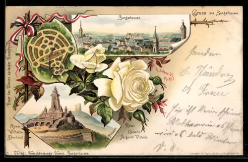 Lithographie Sangerhausen, Kaiser Wilhelm-Denkmal, Rose Kaiserin Auguste Victoria