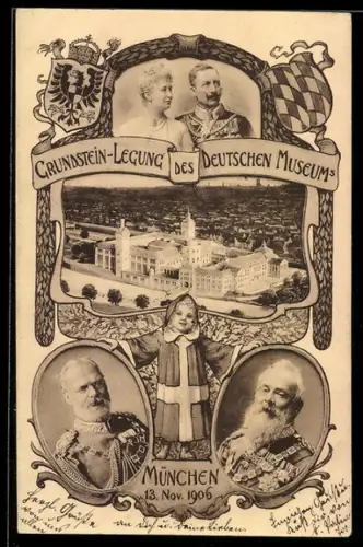 AK München, Grundstein-Legung des Deutschen Museums 1906, Kaiserpaar, Passepartout