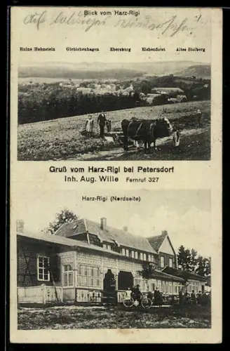 AK Petersdorf, Hotel Harz-Rigi Nordseite, Blick auf Ruine Hohnstein, Geibichenhagen und Ebersburg