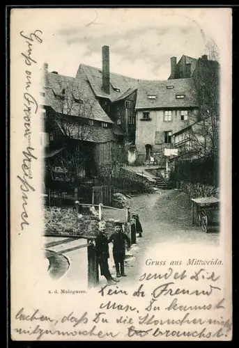 AK Mittweida, Strasse Malzgasse mit Kindern