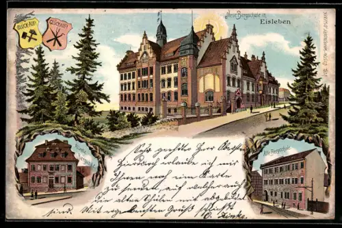 Lithographie Eisleben, Neue Bergschule, Alte Bergschule, Älteste Bergschule