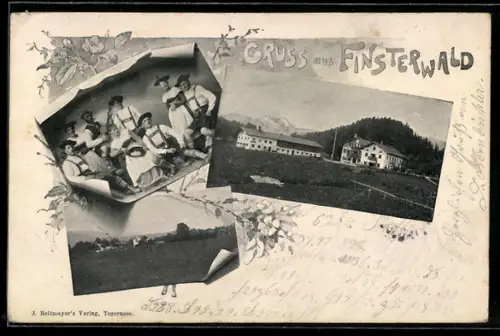 AK Finsterwald, Männer in Lederhosen, Ortsansichten