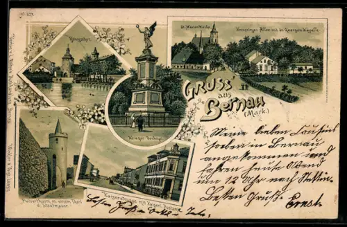 Lithographie Bernau / Mark, Kriegerdenkmal, Königstor, Kronprinzenallee mit St. Georgen-Kapelle, Pulverturm