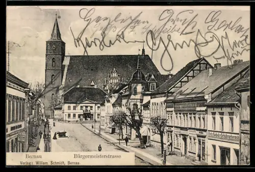 AK Bernau, Bürgermeisterstrasse mit Geschäften und Kirche