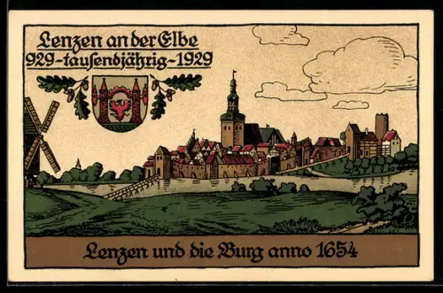 Steindruck-AK Lenzen, Totalansicht und die Burg anno 1654, 929-tausendjährig-1929