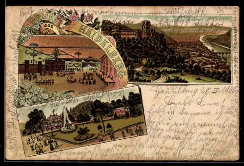 Lithographie Heidelberg, Teilansicht mit Burg, Innenansicht, Garten