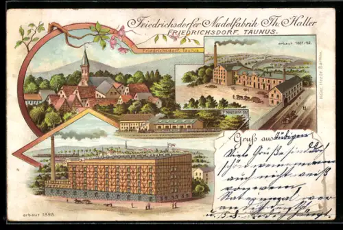 Lithographie Friedrichsdorf /Taunus, Ansicht der Nudelfabrik von Th. Haller, Ortsansicht mit Kirche