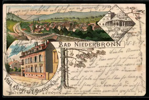 Lithographie Bad Niederbronn, Hotel-Pension, Trinkhalle, Ortsansicht mit Brücke