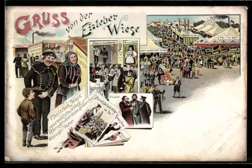 Lithographie Eisleben, Volksfest Eisleber Wiese, Riesen-Dame, Südsee-Insulaner, Echt Jauer`sche Wurst