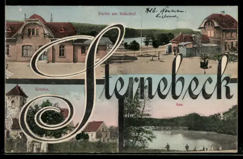 AK Sternebeck, Partie am Bahnhof, Kirche, Blick auf den See