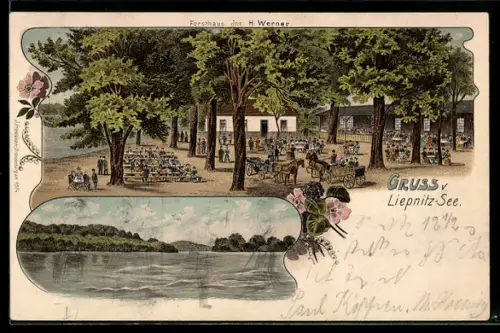 Lithographie Wandlitz, Forsthaus von H. Werner, Partie am Liepnitz-See
