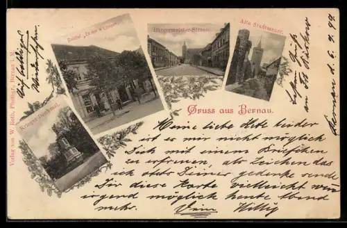 AK Bernau, Gasthof Zu den 4 Linden, Bürgermeister-Strasse, Alte Stadtmauer, Kriegerdenkmal