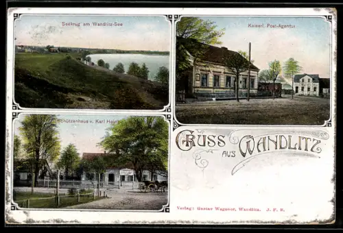 AK Wandlitz, Gasthaus Seekrug am Wandlitz-See, Schützenhaus v. Karl Heinz, Kaiserliche Post-Agentur