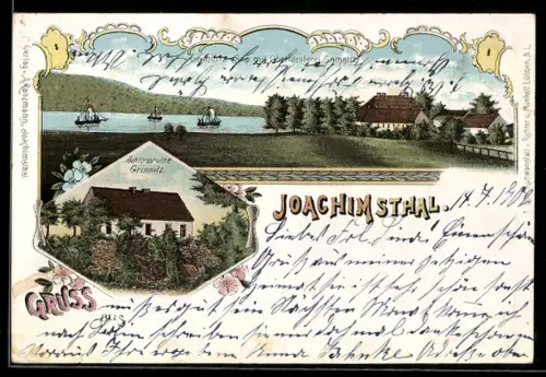 Lithographie Joachimsthal, Schlossruine Grimnitz, Grimnitz-See und Oberförsterei Grimnitz