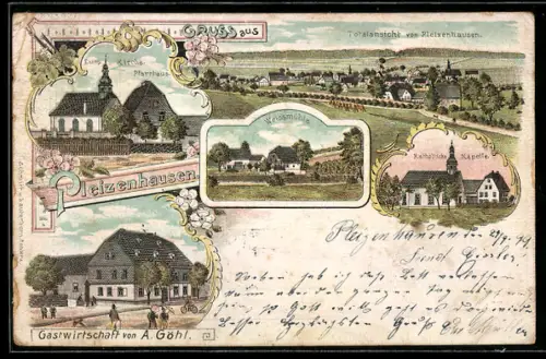 Lithographie Pleizenhausen Gastwirtschaft A. Göhl, Weissmühle, Kapelle, Kirche, Totale