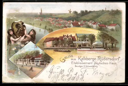 Lithographie Kalkberge-Rüdersdorf, Ortsansicht, Gaststätte Deutsches Haus vom Wasser aus gesehen mit Dampfer