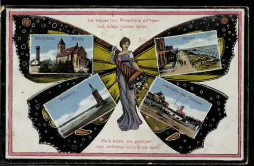 AK Wangeroog, Leuchtturm, Kirche, Blick auf den Strand, Westturm, Lesehalle und Café Giftbude