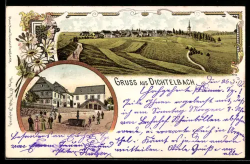 Lithographie Dichtelbach, Gasthaus P. Weber und Rathaus, Ortsansicht