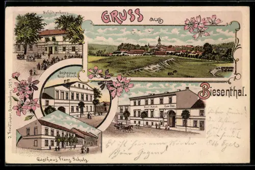 Lithographie Biesenthal, Restaurant von Aug. Block, Gasthaus Franz Schulz, Kurhaus, Schützenhaus
