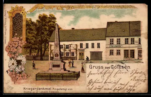 Lithographie Golssen, Kriegerdenkmal von Bildhauer J. Landes, Tabak- und Cigarrenfabrik Erich Schulze