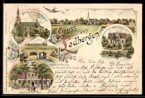 Lithographie Ladbergen, Gasthaus zur Post, Kirche, Kriegerdenkmal, Glanerunterführung des Dortmund-Ems-Kanals, Pfarrhaus