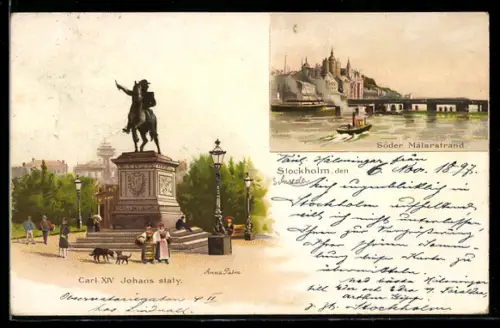 Lithographie Stockholm, Carl XIV Johans staty, Söder Mälarstrand, Dampfer, Hunde