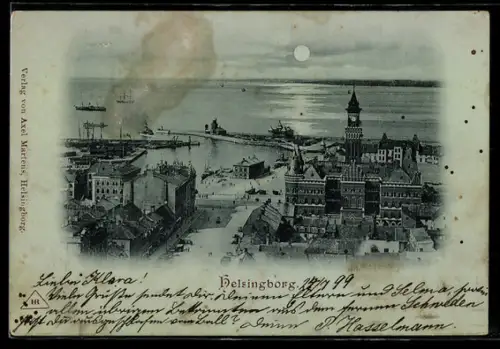 Mondschein-AK Helsingborg, Hafen