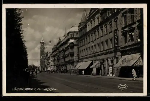 AK Hälsingborg, Järnvägsgatan, Strassenpartie mit Strassenbahn