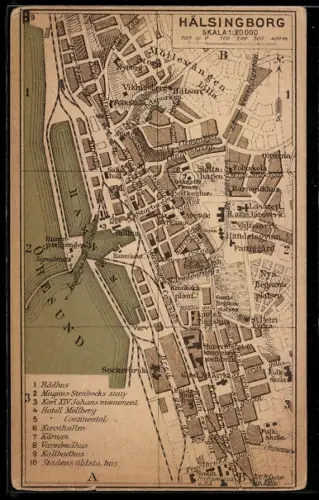 Künstler-AK Hälsingborg, Rädhus, Magnus Stenbocks staty, Kärnan, Landkarte